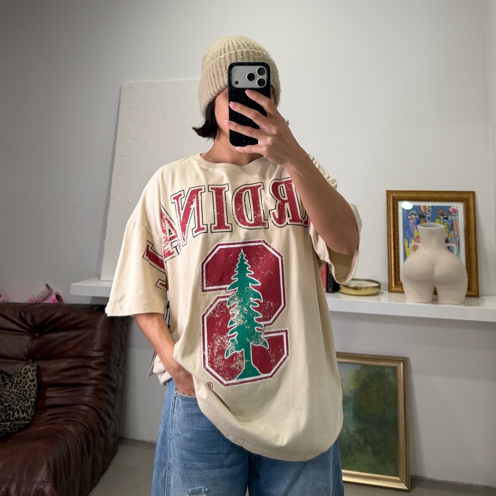 Stanford Beige Graphic T-Shirt with Red and Green Print